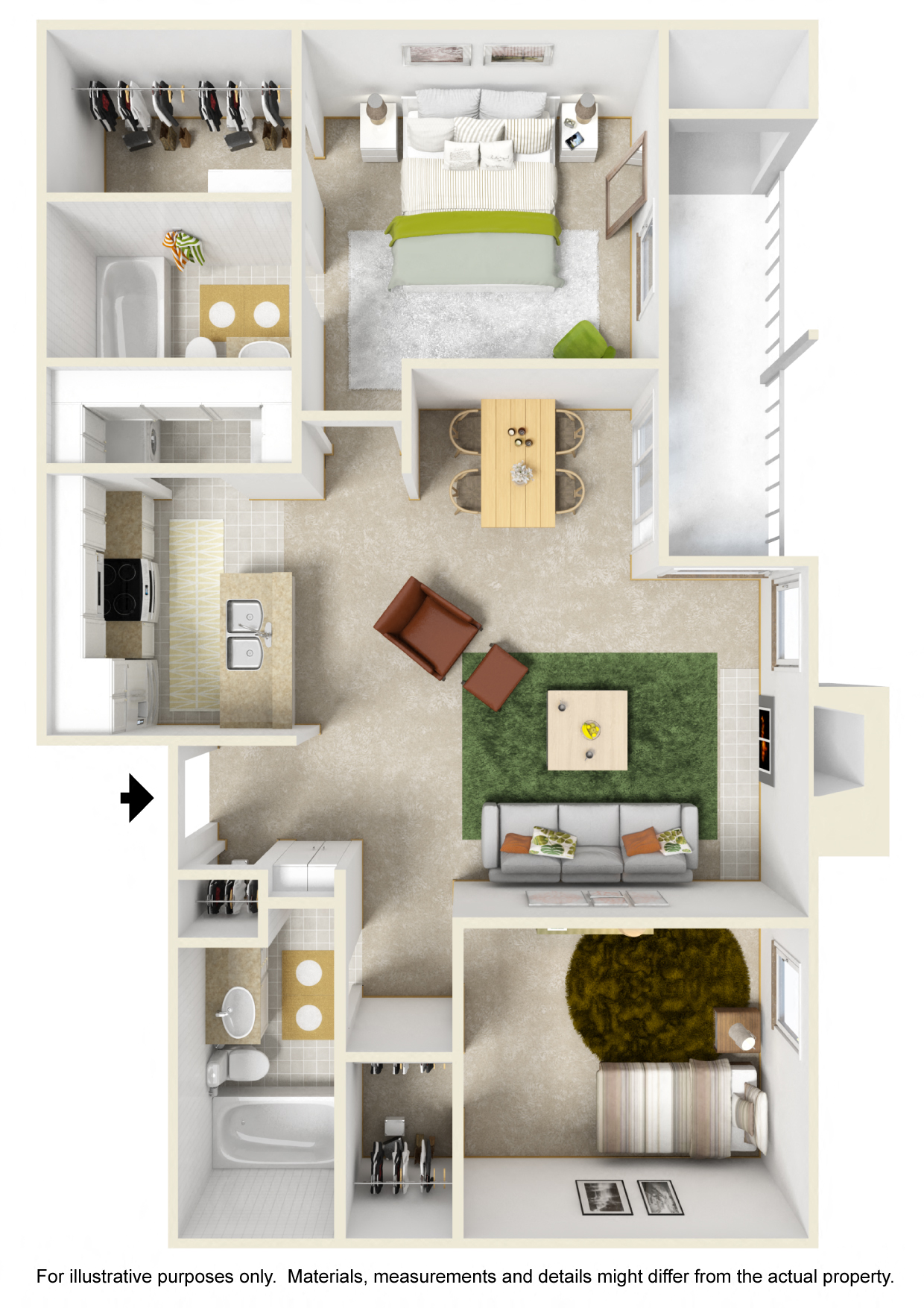 Floor plan for 2 beds, 2 baths, 925 sqft